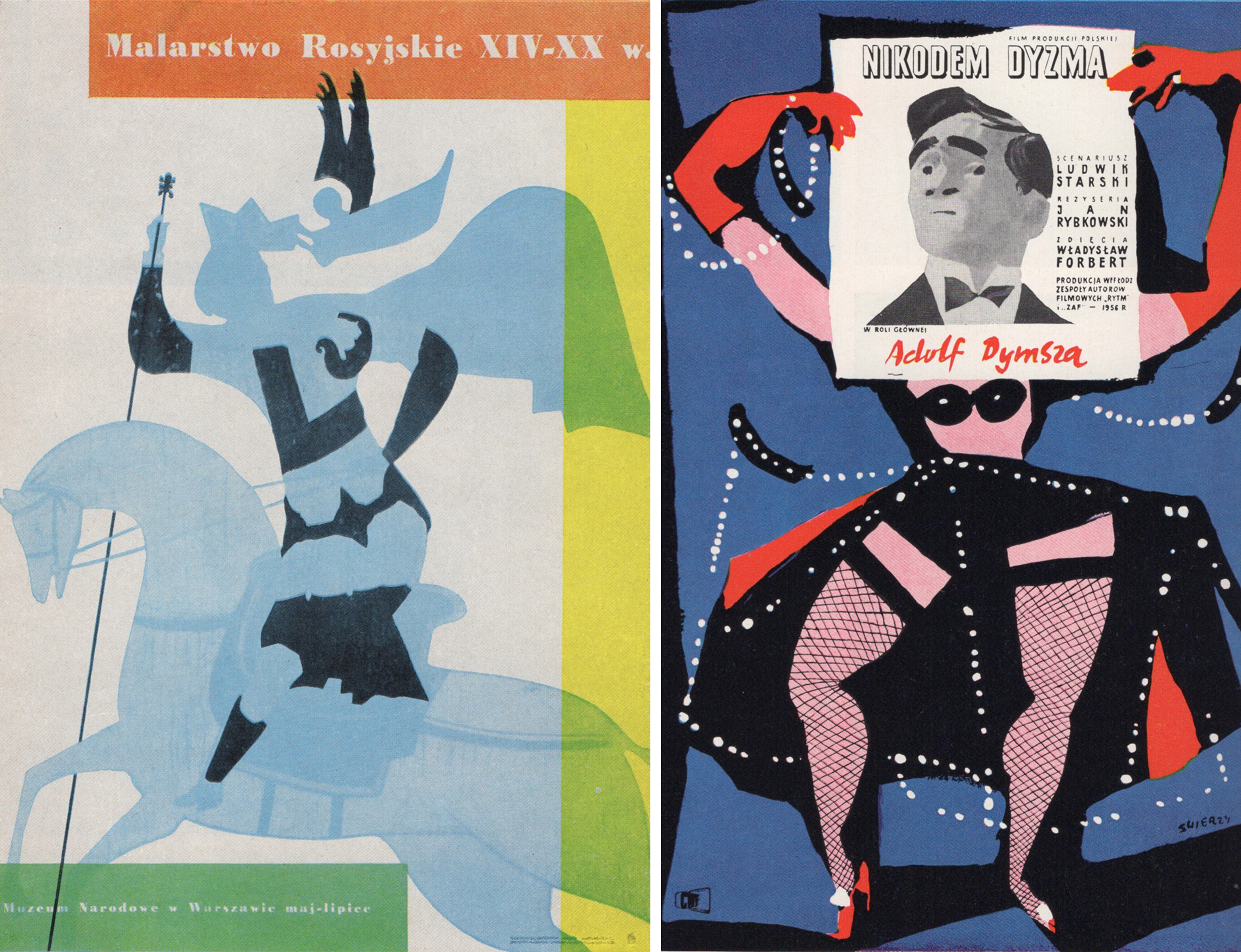 An abstract, flat-color poster showing a stylized figure on horseback, rendered in overlapping translucent blues, greens, and yellows. Minimal detail and bold shapes suggest motion and history, with Polish text across the top referencing Russian painting from the 14th to 20th centuries. Next to it: An abstract, flat-color poster showing a stylized figure on horseback, rendered in overlapping translucent blues, greens, and yellows. Minimal detail and bold shapes suggest motion and history, with Polish text across the top referencing Russian painting from the 14th to 20th centuries.