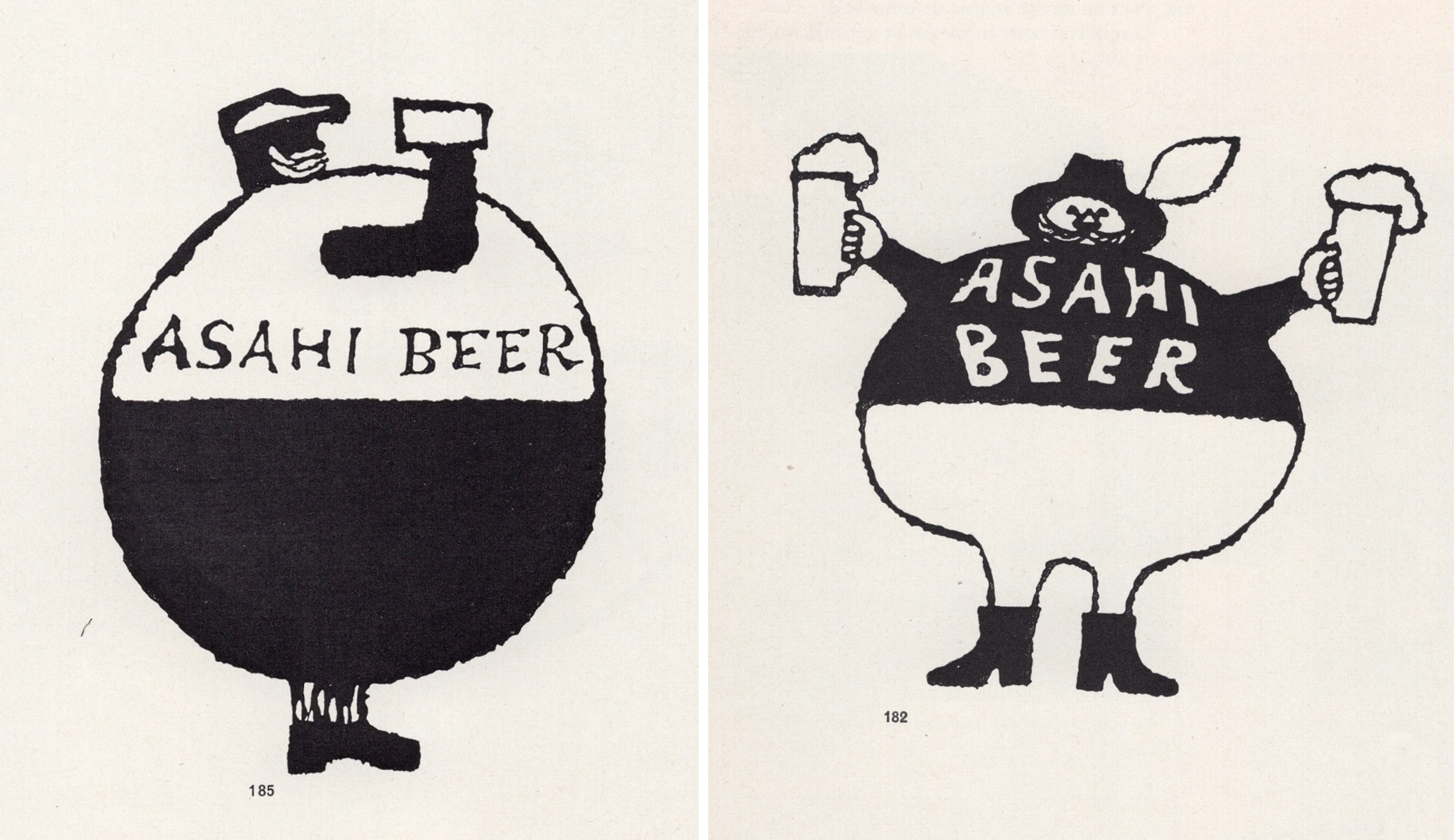 Two figures: A minimalist black-and-white illustration where a rounded beer bottle labeled “Asahi Beer” doubles as a character’s body, complete with small legs and shoes. The figure holds a mug aloft, rendered in thick, brushy ink lines. A companion illustration showing a squat, cartoonish figure shaped like a beer vessel, labeled “Asahi Beer,” raising two foaming mugs in celebration. The style is playful and bold, with heavy black shapes against a white background.
