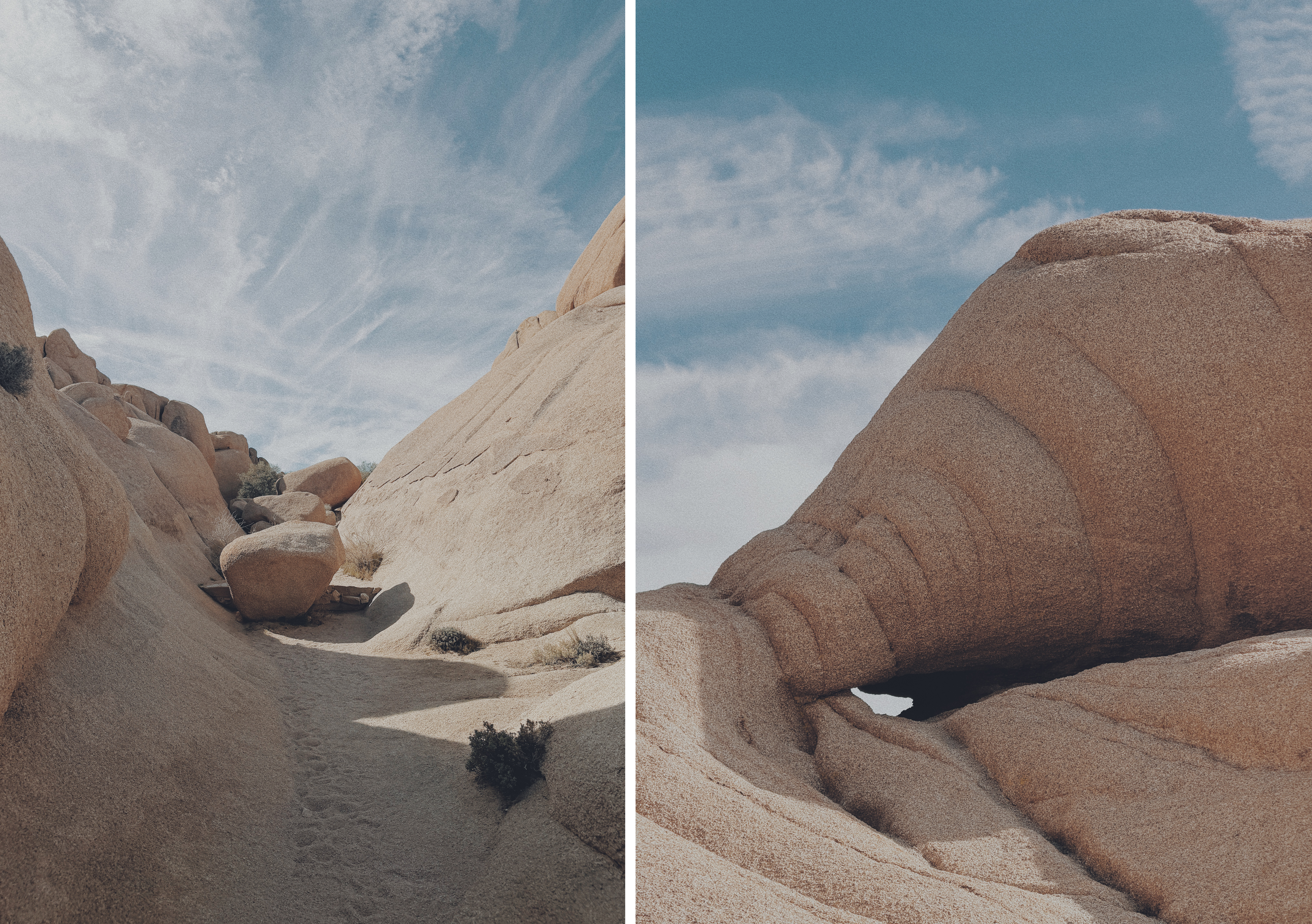 Image 1: Midday in Joshua Tree, California, a narrow sandy path winds between smooth, rounded granite walls. A large boulder rests in the middle of the corridor, with sparse desert shrubs at its base and wispy clouds stretching across a pale blue sky.  Image 2: A close view of a rounded granite formation in Joshua Tree at midday, shaped into layered, curving bands by erosion. A dark hollow cuts beneath the rock, contrasting with the sunlit, sandy-colored stone and soft clouds above.