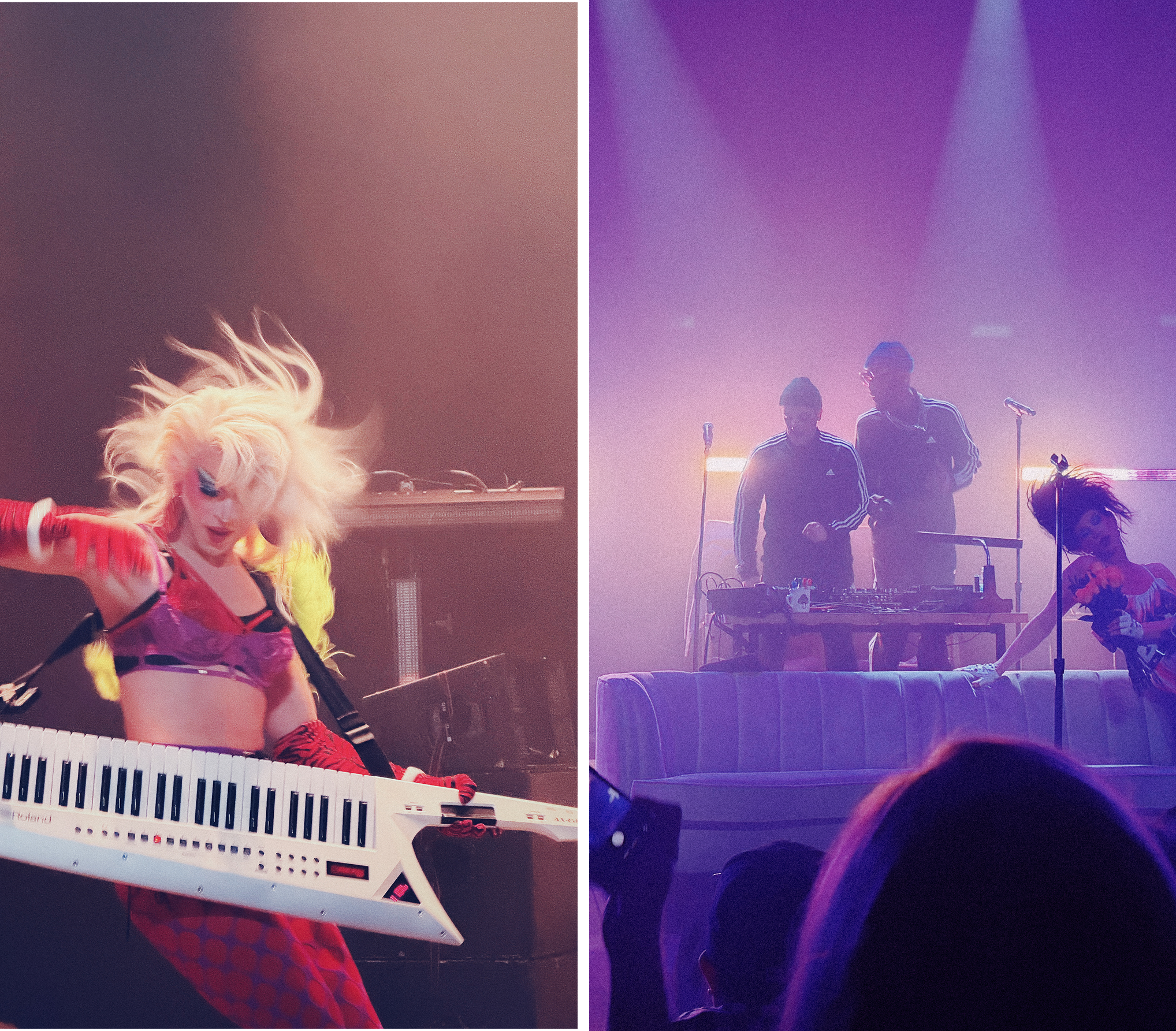 Dragonette and Aquaria perform together at the Belasco, framed by purple and pink stage lights. Dragonette sings into a handheld mic at the left of the stage, while Aquaria leans dramatically over the arm of a pale blue couch at right, wearing a flowing, multicolored dress and holding a bouquet of flowers. Behind them, The Knocks stand at a DJ table, silhouetted against glowing horizontal light bars. Audience members’ heads and raised phones fill the foreground. Dragonette and Aquaria perform together at the Belasco, framed by purple and pink stage lights. Dragonette sings into a handheld mic at the left of the stage, while Aquaria leans dramatically over the arm of a pale blue couch at right, wearing a flowing, multicolored dress and holding a bouquet of flowers. Behind them, The Knocks stand at a DJ table, silhouetted against glowing horizontal light bars. Audience members’ heads and raised phones fill the foreground.