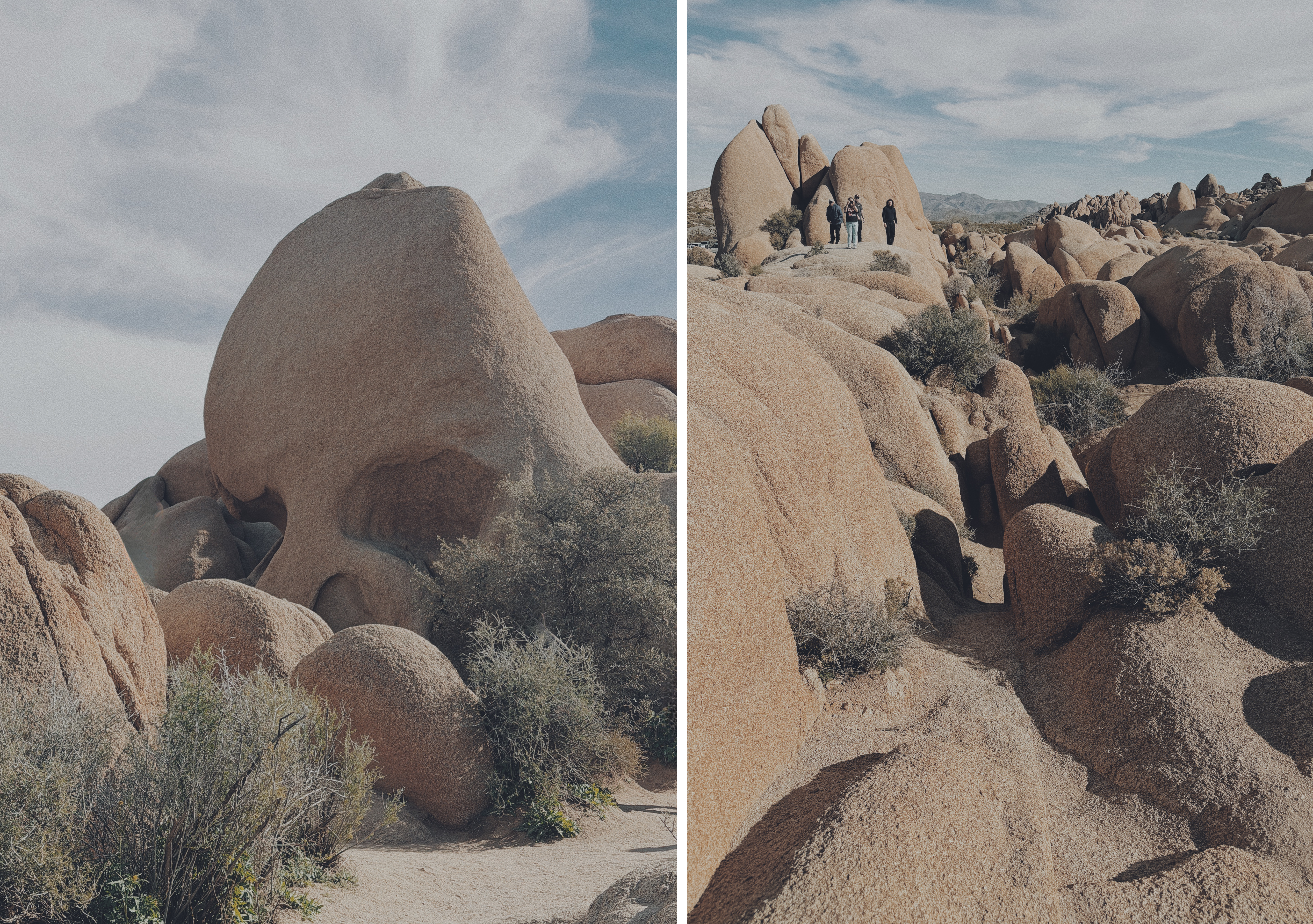 Image 1: Skull Rock in Joshua Tree National Park, a large rounded granite formation shaped like a skull, with a hollowed “eye” near the base. Smaller boulders and scrubby desert plants surround it, under a pale sky streaked with thin clouds.  Image 2: Nearby rock formations in Joshua Tree National Park, with smooth, rounded granite boulders rising around a narrow sandy path. A few people stand on top of a distant rock, giving a sense of scale against the wide, rocky desert landscape.